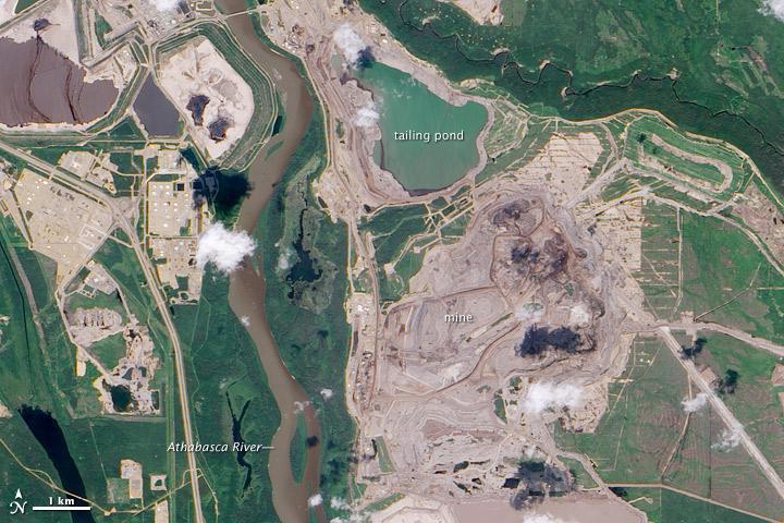A NASA Satellite view of the Athabasca Oil Sands mine - oil sands account for a huge proportion of Canadian oil and gas industry reserves)